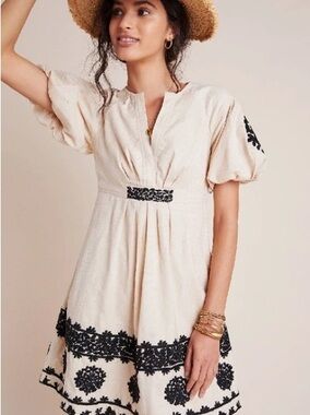Anthro Orla Embroidered Mini Dress Size 10 Khaki Puff Sleeve Cotton